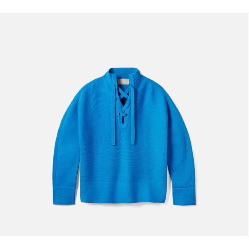 Everlane The Lace Up Smock Sweater Wool Cotton Knit Blue Size XS Mock Neck EUC